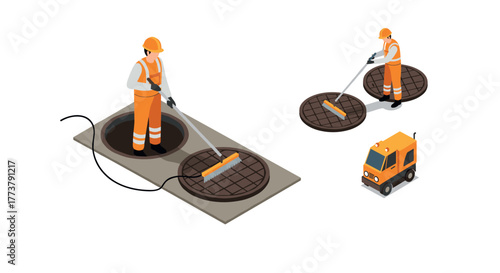 Workers cleaning manholes in isometric style with utility truck