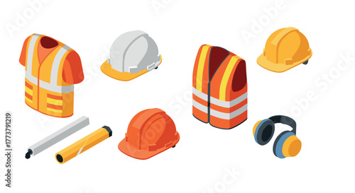 Isometric safety gear set: helmets, vests, and protection equipment