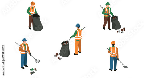 Isometric workers cleaning up litter with tools and bags in safety gear on white background