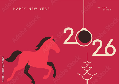 Chinese New Year. Minimalist New Year 2026 Greeting Card with Horse and Ornament. Perfect for greeting cards, posters, and holiday marketing materials.