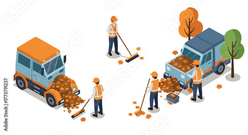 Isometric fall cleanup scene with workers collecting leaves near trucks and trees