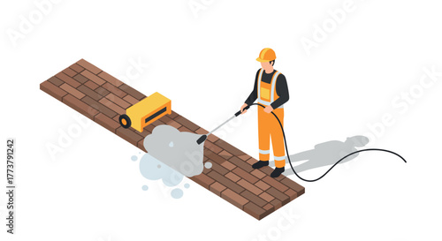 Construction worker cleaning brick pathway with pressure washer in isometric style