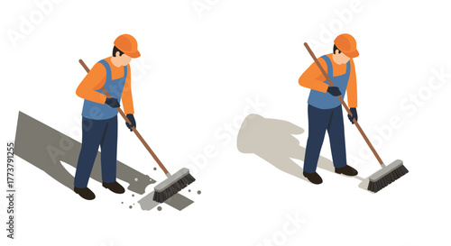 Isometric worker sweeping streets: clean city concept with shadows and uniforms