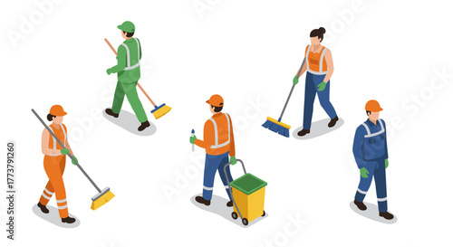 Isometric workers cleaning crew with equipment in safety gear on white background