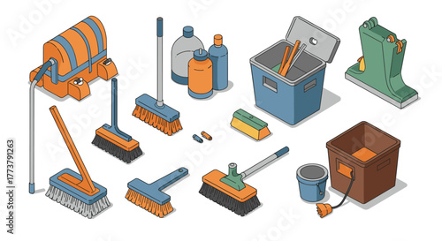 Cleaning equipment in isometric style: brooms, mops, and buckets for home or office cleaning