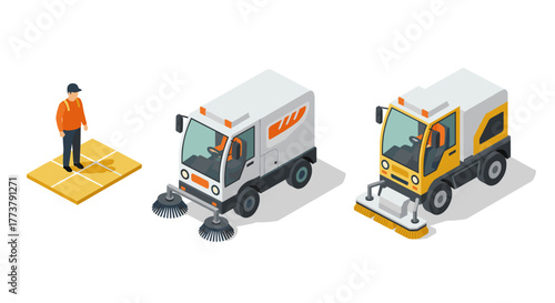 Isometric street sweeper trucks and worker with city cleaning equipment