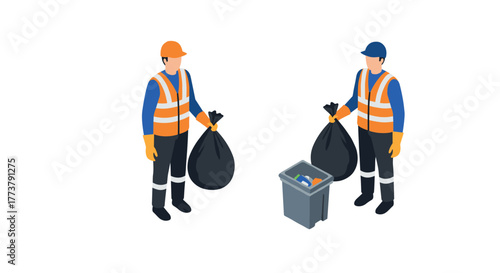 Sanitation workers in isometric style with garbage bags and bin