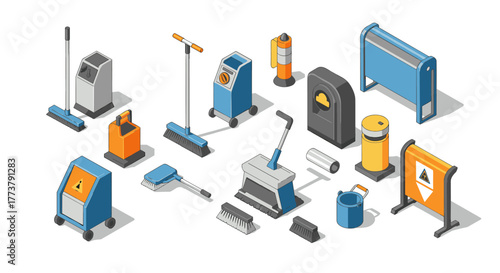 Isometric cleaning tools and equipment set for sanitation and maintenance tasks