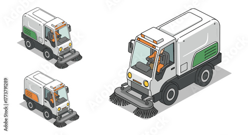 Isometric street sweeper truck set with detailed design and color variations