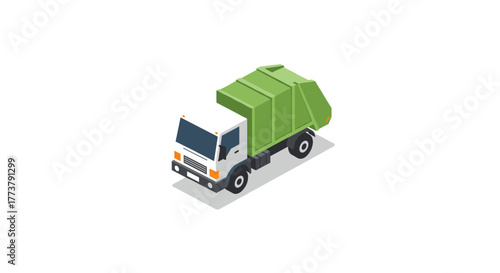 Isometric garbage truck on white background for waste management designs
