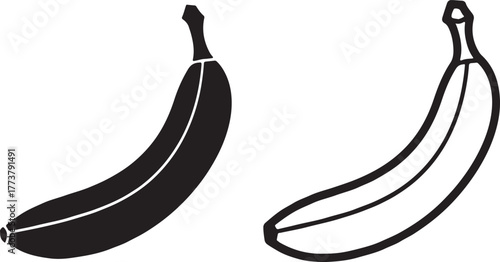 Banana fruit vector icon set in filled and outline styles isolated on white background