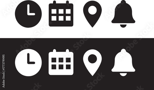 Date, Time, Alarm and Address Icons Pack — Calendar, Clock, Alarm, and Location Pin Elements for Planning and Schedule Design