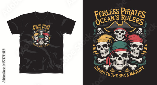 Ferless Pirates Oceans Rulers Vector Art Featuring Skulls Pirate Hats and Crossbones for Pirate Themed Tshirts and Apparel