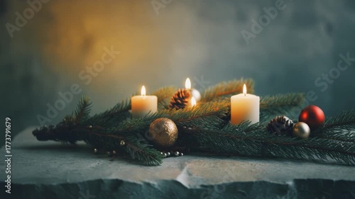 Warm and inviting Advent wreath centerpiece with four glowing candles, evergreen branches, and festive ornaments, creating a serene and traditional holiday atmosphere for celebration and reflection