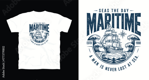 Maritime T-shirt Design with Sailing Ship and Waves Seas Day Nautical Adventure Voyage Apparel