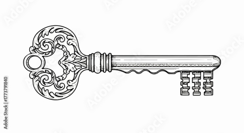 Ornate key vintage metalwork vector line art illustration.