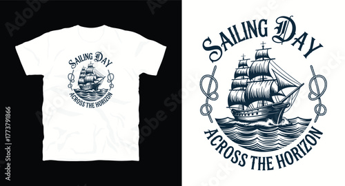 Sailing Day T-Shirt Design with Ship Waves Horizon Nautical Sea Adventure Apparel Travel