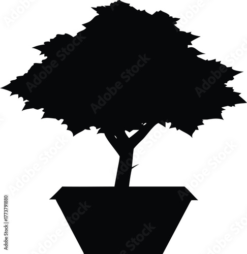 Bonsai tree flat vector icon minimal silhouette white background.