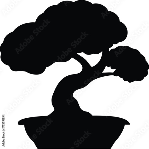Bonsai tree flat vector icon minimal silhouette white background.