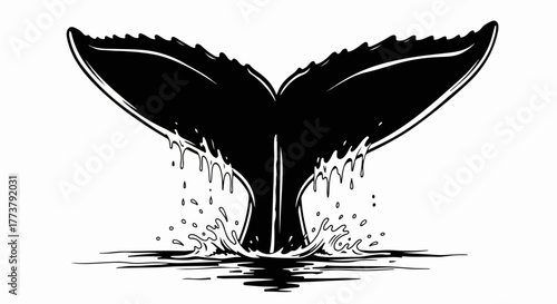 Whale tail splashing water marine wildlife vector line art illustration.