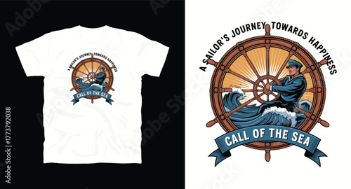 Sailor's Journey T-Shirt Design with Wheel Sea Call Happiness Nautical Apparel Navigation