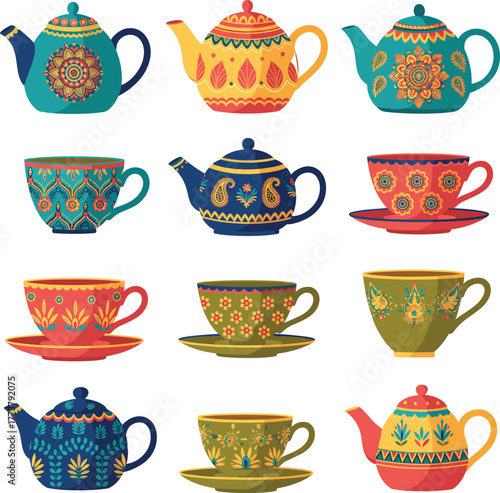 Set of Decorative Teapots and Tea Cups with Ethnic Ornate Patterns