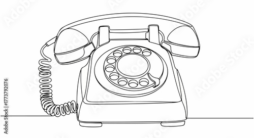 Retro rotary telephone minimal vintage vector line art illustration.