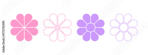 Set of flower icons and silhouettes with 8 petals and core. Floral pie chart divided into eight equal slices in leaf shapes. Vector graphic illustration.