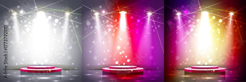 Three illuminated podiums with vibrant spotlights creating a dramatic stage lighting effect for events