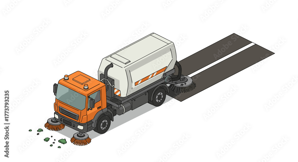 Fototapeta premium Isometric road sweeper truck cleaning street with precision brushes