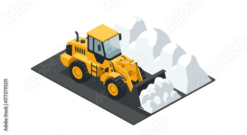 Isometric yellow bulldozer moving snow on a construction site