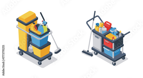 Isometric cleaning carts with supplies for commercial sanitation