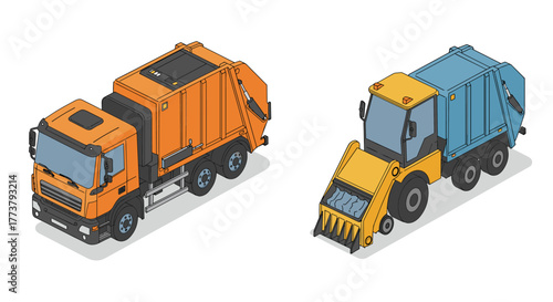 Isometric garbage and street sweeper trucks in flat style