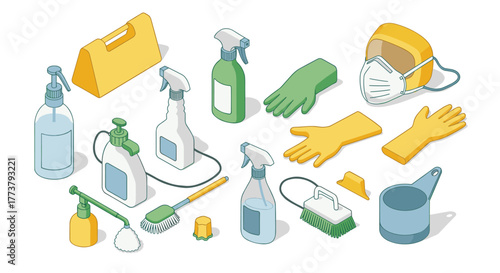 Essential cleaning supplies in modern isometric style for home and hygiene