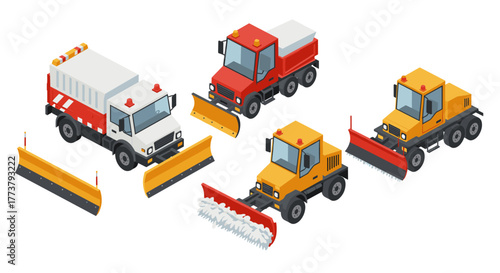 Isometric snow removal vehicles: plows, trucks, essential winter equipment