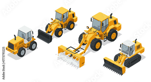 Isometric construction vehicles set: bulldozers, loaders, and snowplow in yellow