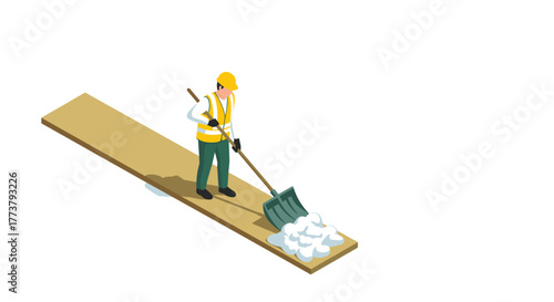 Isometric construction worker shoveling snow on wooden plank