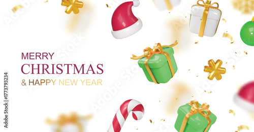 Merry Christmas and Happy New Year. Background with realistic falling gifts box, candy cane stick, santa hat. Xmas present. Green boxes blurred, Christmas baubles balls, glitter gold confetti