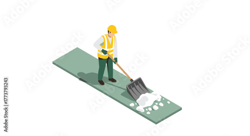 Worker clearing snow with shovel on road in isometric design