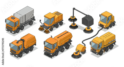 Isometric street sweeper trucks collection for urban cleaning solutions