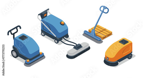 Isometric floor cleaning machine set on white background for commercial use