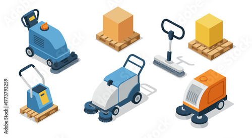Isometric cleaning machines and pallets with boxes on white background