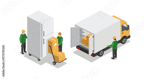 Isometric delivery and moving service concept with workers, truck, refrigerator, and boxes