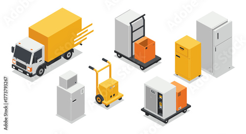 Isometric delivery and storage icons: logistics and warehousing essentials