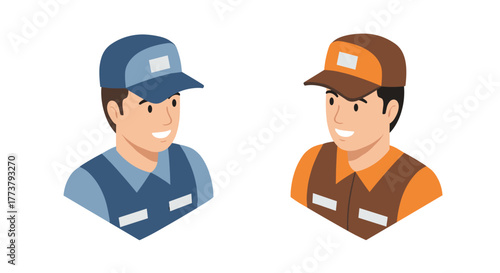 Isometric portraits of delivery workers in uniforms