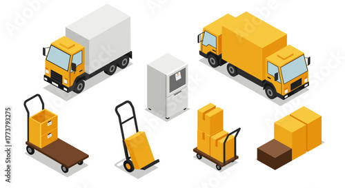 Isometric delivery trucks and equipment set in orange and white