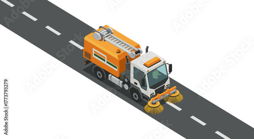 Isometric street sweeper truck on road with cleaning brushes and orange details