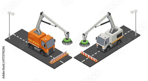 Isometric street cleaning trucks on road with barriers and lamp posts