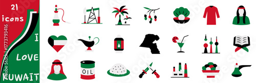 A set of icons dedicated to Kuwait in a flat minimalist style using national colors.