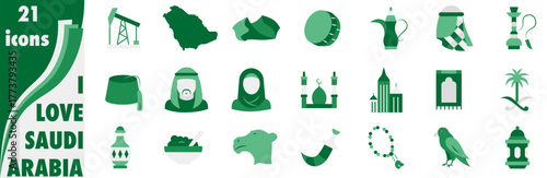 A set of icons dedicated to Saudi Arabia in a flat minimalist style using national colors.